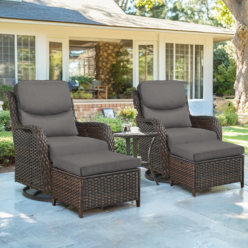 Koba 5-Piece Outdoor Conversation Set – Swivel Rocking Chairs with Ottomans & Side Table, Brown, Gray