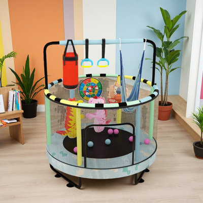 7-In-1 Round Trampoline, 55" Indoor & Outdoor Trampoline For Fun, Trampoline For Kids With Enclosure For Boys & Girls