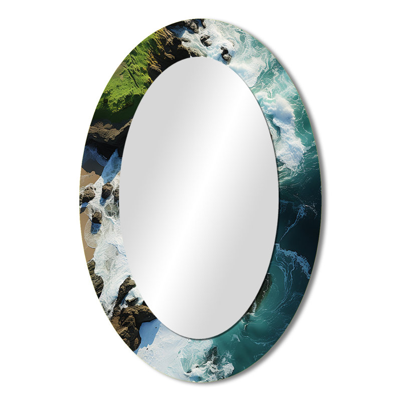 Vue aérienne de l'île tropicale IV - Grand miroir mural ovale sur métal, 36 po x 24 po