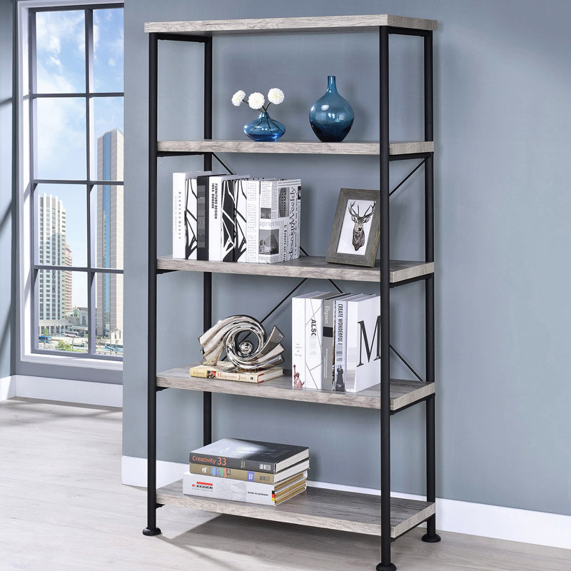 Bibliothèque industrielle à 4 tablettes en bois flotté gris et noir, ouverte pour le rangement des objets personnels, conception stable, accès facile au décor, structure