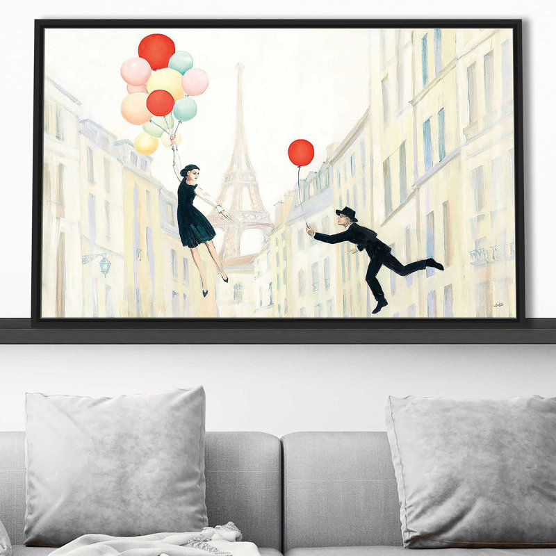 Aloft in Paris I par Julia Purinton - Peinture, H 31,5 po x l 51,5 po x P 2 po, Cadre flottant noir