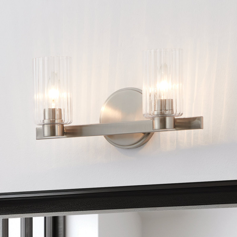 Éclairage pour salle de bain 2 lumières en nickel brossé avec abat-jour en verre nervuré transparent Dungannon, Nickel brossé