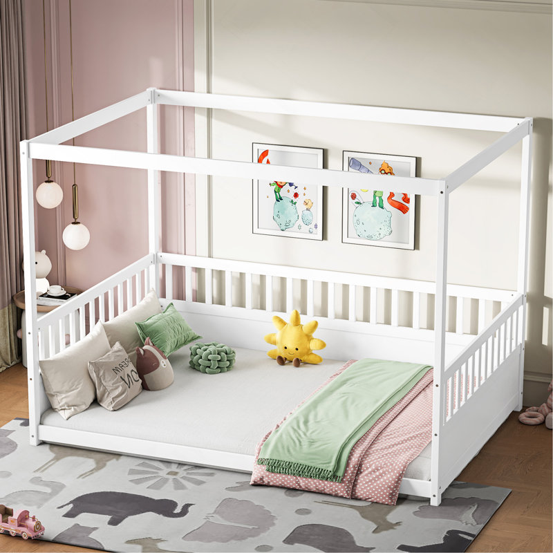 Structure de lit à baldaquin en bois pleine grandeur avec garde-corps, conception à baldaquin et style Montessori - idéale pour les enfants, les filles et les garçons