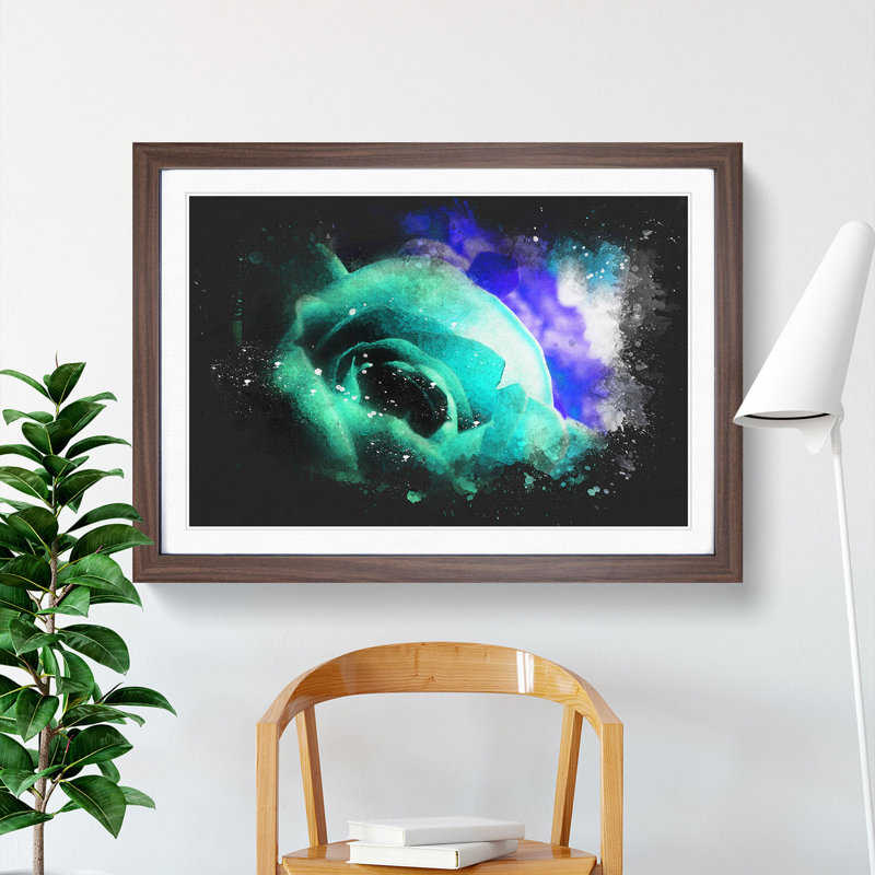 Teal Rose Flower - Picture Frame Painting, 27cm H x 36cm W x 2cm D, Walnut Framed