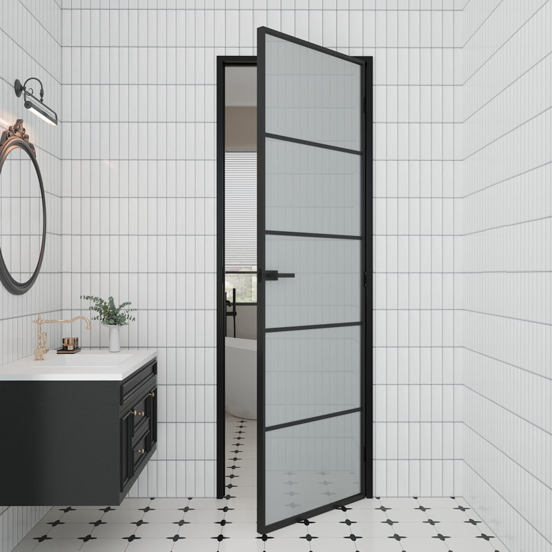 Panneau de porte intérieur en verre givré Aluminun 5-Lite avec cadre et bouton Aluminun, H 80 po x l 32 po, Gauche