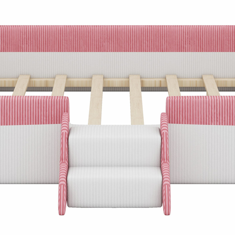 Lit tapissier à plancher bas, clôture de sécurité, 2 marches, lumières DEL intégrées, Grand lit, Rose et blanc