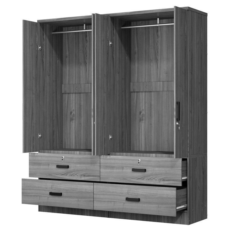 Double Wardrobe With 4 Slim Door And 4 Drawers! , Grey