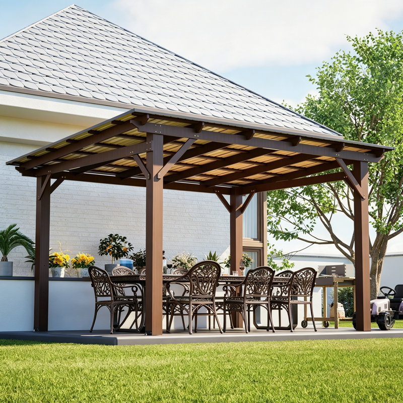 Abri de jardin en bois 13 x 10 pi avec toit en métal, structure de patio extérieure spacieuse pour la cour et le jardin