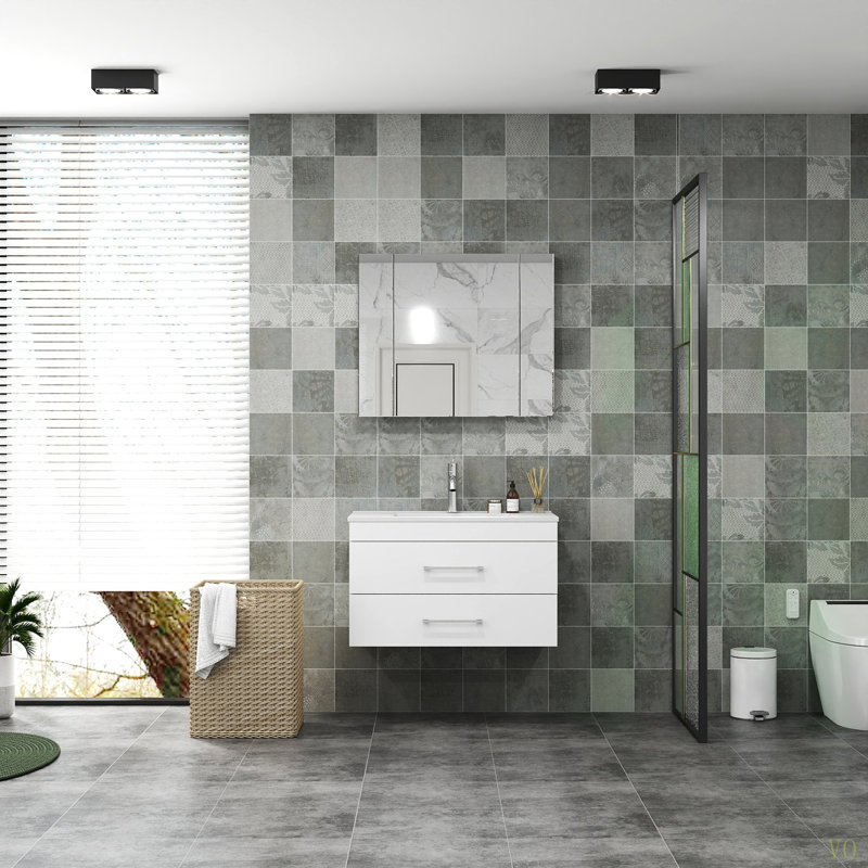 Ce meuble-lavabo mural de 32 pouces avec tiroirs doubles, système de fermeture en douceur, lavabo en céramique crée un espace de salle de bain moderne et minimaliste