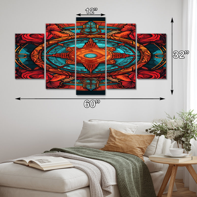 Mandala floral rétro en rouge - salon d'art mural Mandala Boho - 5 panneaux