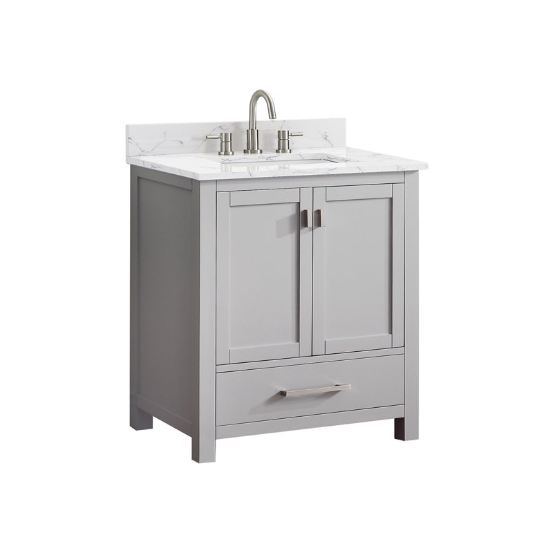 Meuble-lavabo simple 30 po avec plateau Souther, Gris givré, Marbre blanc de Cala, Nickel brossé