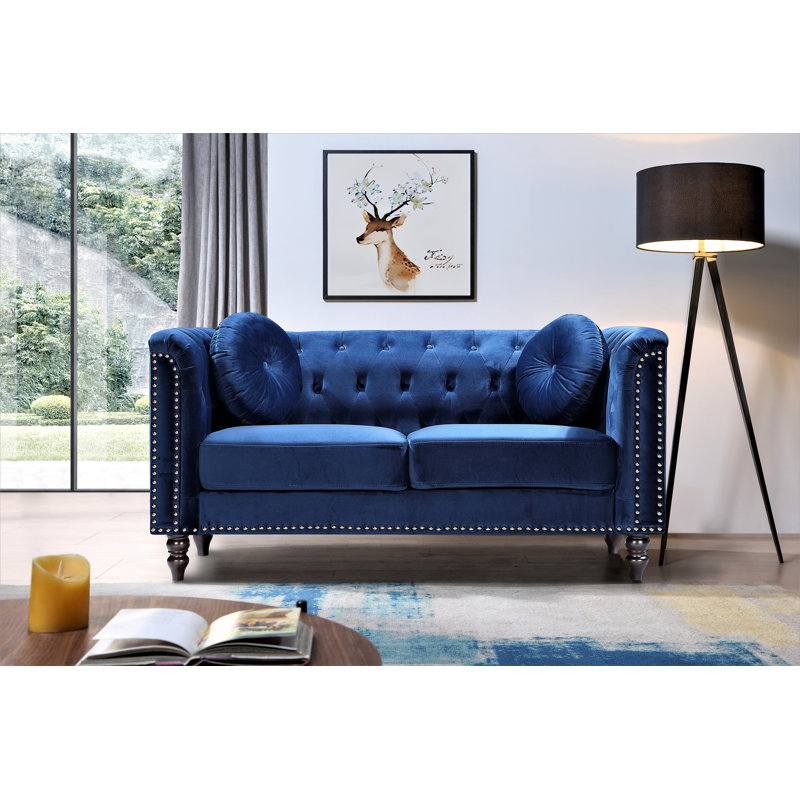 Deymus 64.17'' Velvet Loveseat, Dark Blue Velvet