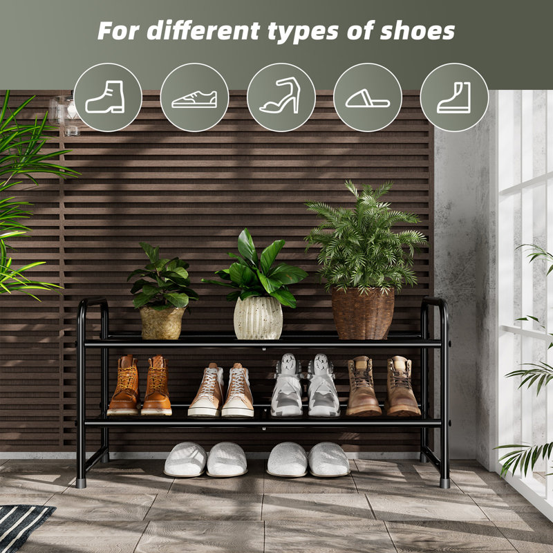 32'' Wide 2-Tier Metal Mesh Shoe Rack for Closet, Stackable and Adjustable, Good for High Heels, Black