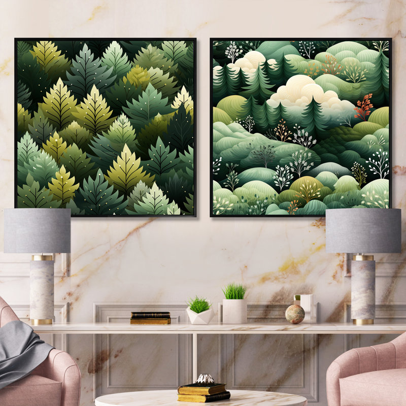 Campuzano - Ensemble de 2 collages carrés forêt, Cadre flottant noir, H 16 po x l 33 po