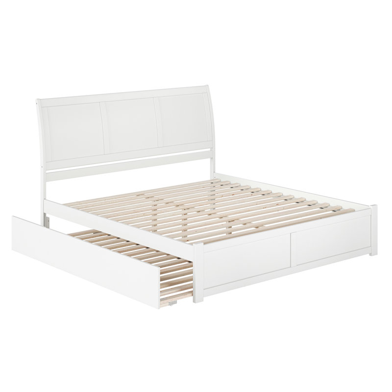 Lit plateforme en bois massif avec pied de lit et gigogne Portland, White, King