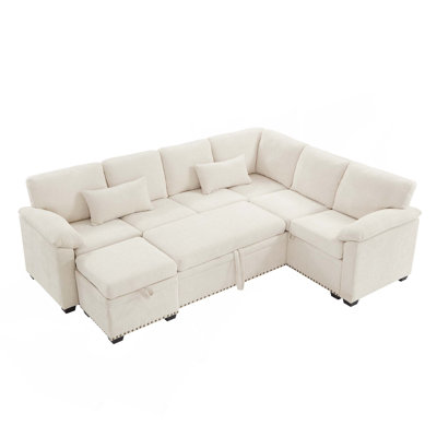 97 Inch L-Shaped Corner Sectional Sofa Couch With Seat And Storage Ottoman,Chenille Fabric Corner Couch With 7 Seats & 2 Pillows For Living Room by Ebern Designs