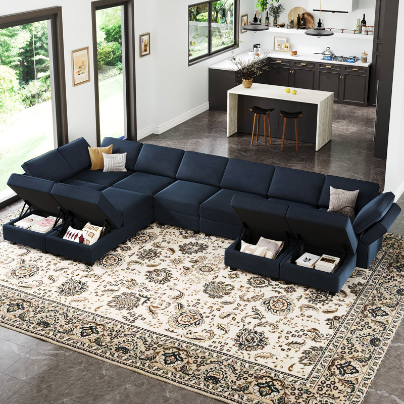Wylodene 169.4'' Wide Genuine Velvet Reversible Modular Corner Sectional, Blue Velvet