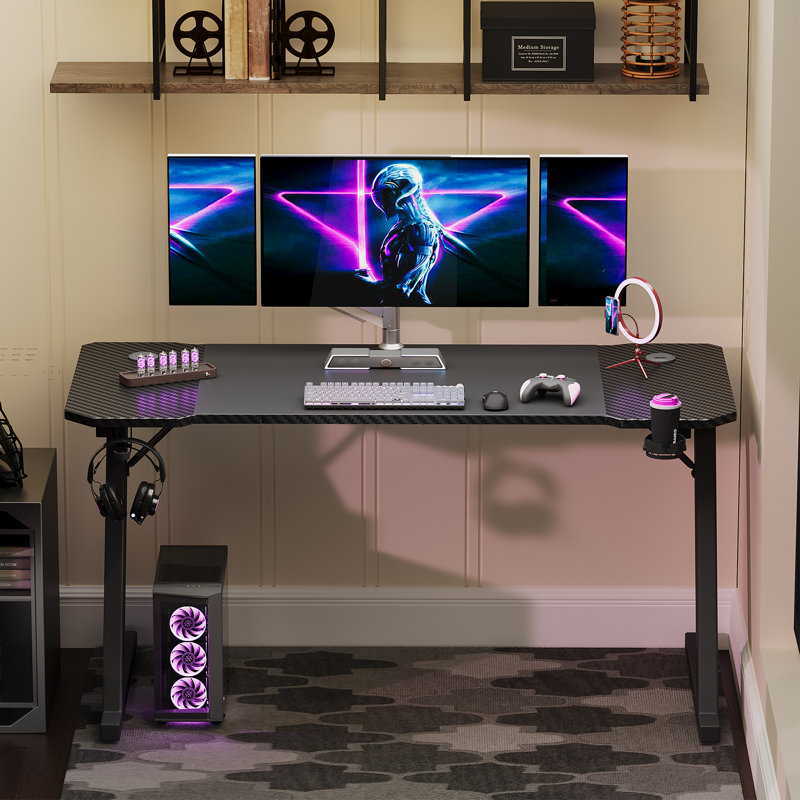 Ergonomic Black Gaming Desk PC Computer Desk Home Office With Headphone Hook, Black, 75cm H x 140cm W x 60cm D