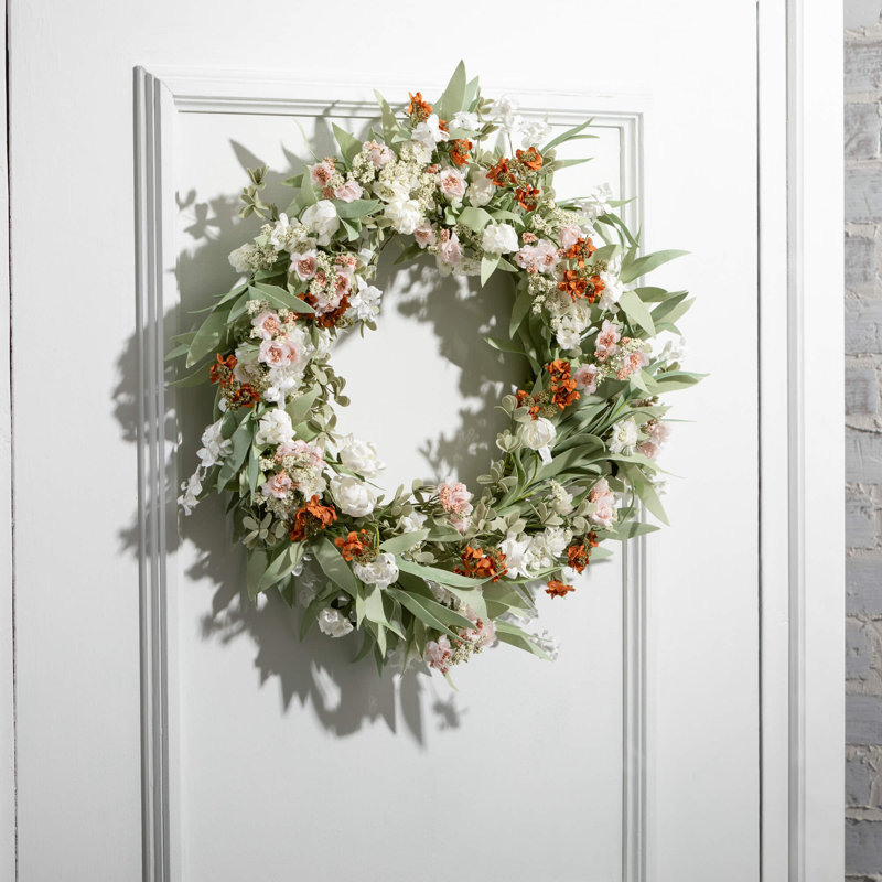 Couronne de fleurs artificielles mixtes; Blanc, L 22 po x H 22 po x P 6 po