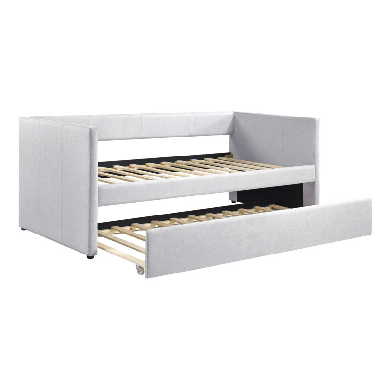 Daybed With Trundle Fabric Upholstery Wooden Frame Modern Home Furniture, Gray