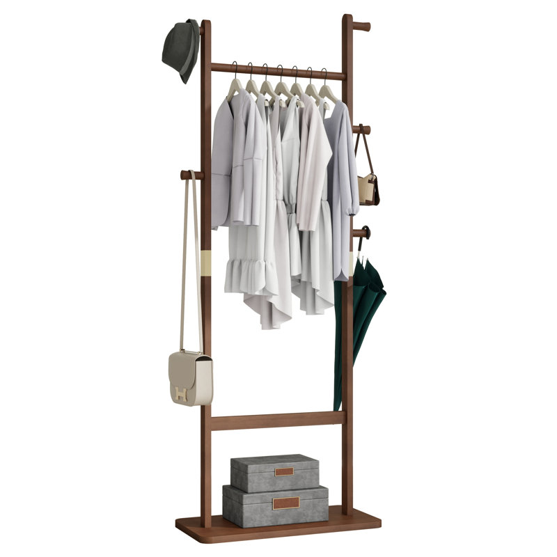 Freestanding Wooden Coat Rack with Shoe Shelf and Side Hooks, Walnut, Walnut