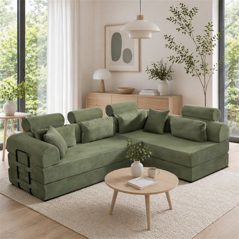 Canapé d'angle pliable en L en velours côtelé, style minimaliste moderne, convertible et peu encombrant., Vert clair