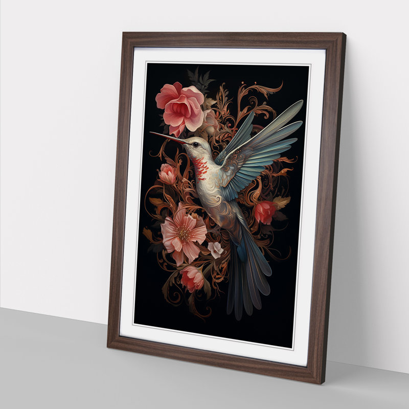 Hummingbird Baroque - Single Picture Frame Print on Wood, Walnut, 46cm H x 34cm W x 2cm D