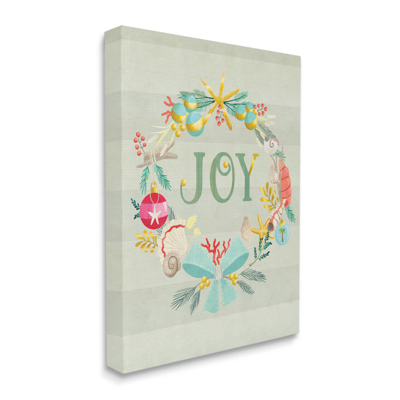 «Nautical Holiday Wreathe Joy Sentiment Green Stripes» par Laura Watson, impression sur toile, H 40 po x l 30 po