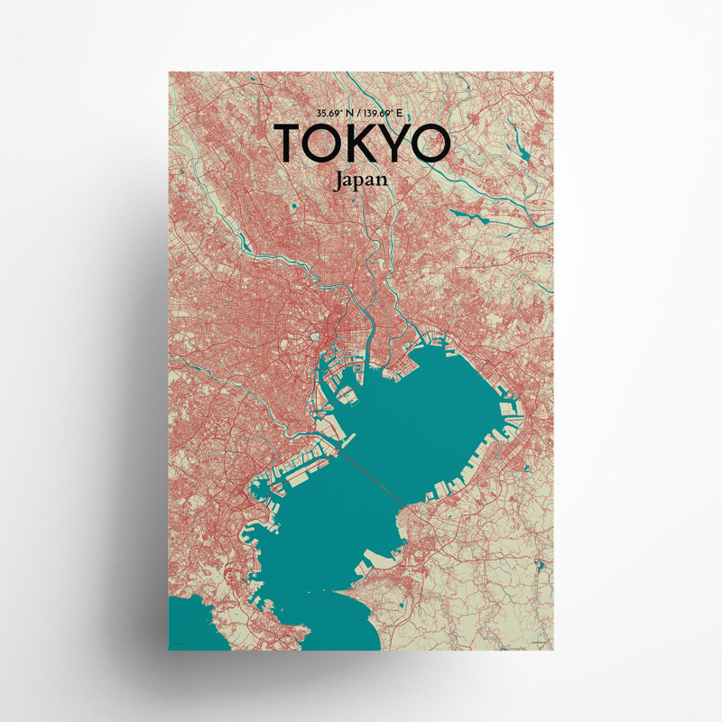 Tokyo City Map In Tricolour - No Frame Print, 36cm H x 24cm W x 0.05cm D