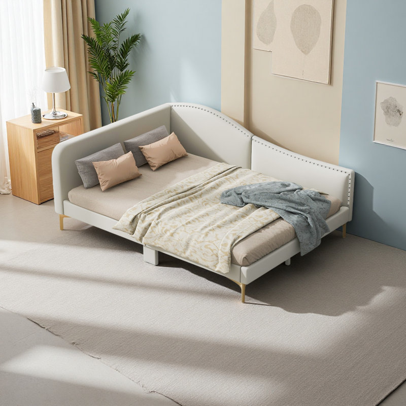 Upholstered Daybed With Headboard And Armrest, Support Legs, Beige, Full/Double