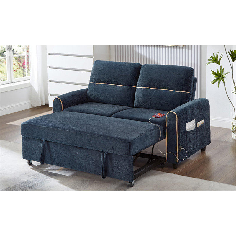 Chenille Pull Out Sofa Bed, Blue