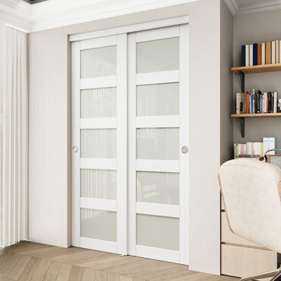 80"  White 5 Lite Tempered Glass Closet Sliding Door With Hardware Kit & Black Handles