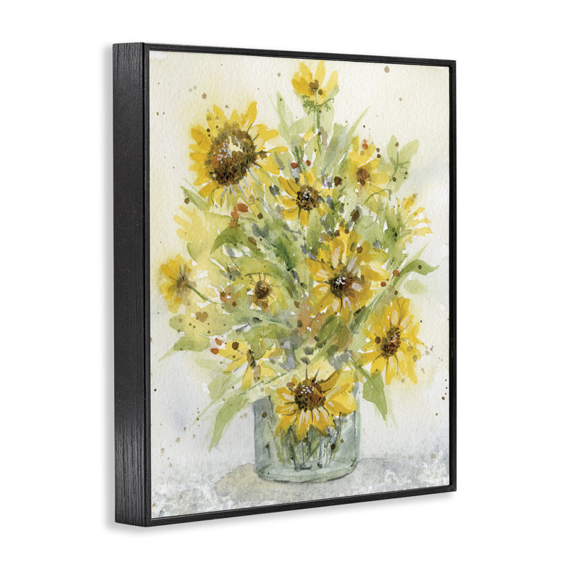 Vase Speckled Sun Flowers, estampe numérique, design par Patti Bishop, H 14 po x l 11 po, Giclée encadrée noir minuit