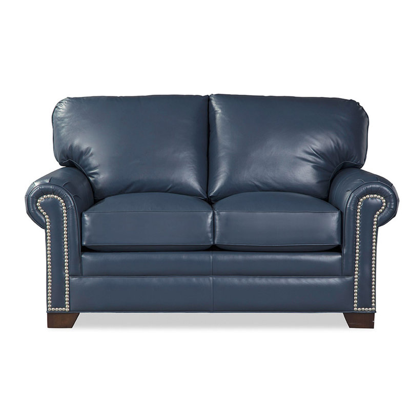 Copola 63" Genuine Leather Rolled Arm Loveseat, Blue Genuine Leather