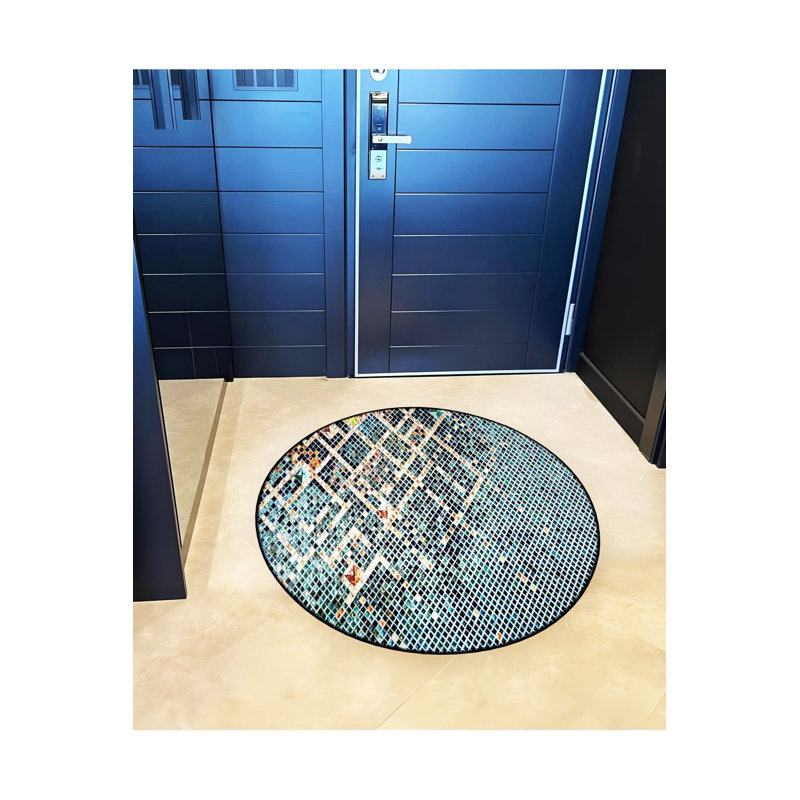 Tapis bleu lavable à motif géométrique rond, Rond 3 pi 11 po
