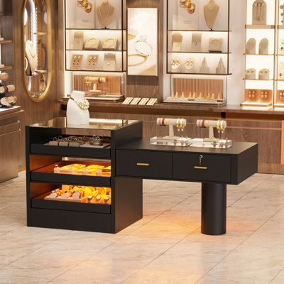 Front Desk Reception Counter With Led Lighting, 3-tier Glass Display & Lockable Drawer - Modern Checkout Console For Beauty Salon, Retail Store, Corporate Lobby & Office (black)