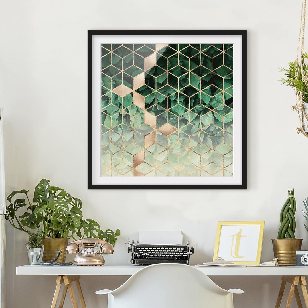 Gerahmtes Poster Green Leaves Golden Geometry