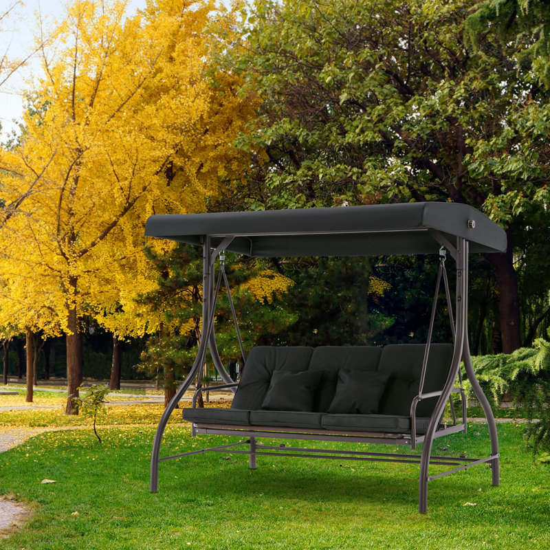 Black 3-Seat Outdoor Patio Swing Chair with Adjustable Backrest