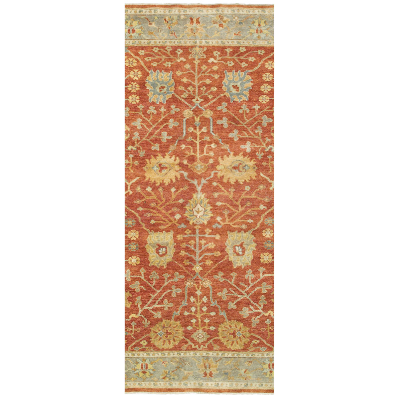 Hand-Knotted Red and Gray Wool Runner Rug