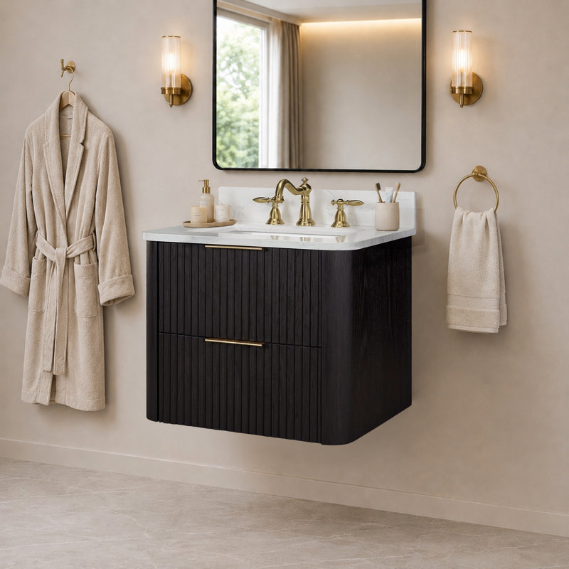 Meuble-lavabo flottant 24 po avec lavabo, meuble-lavabo mural cannelé, comptoir en faux marbre, tiroir à fermeture en douceur, entièrement assemblé, chêne noir