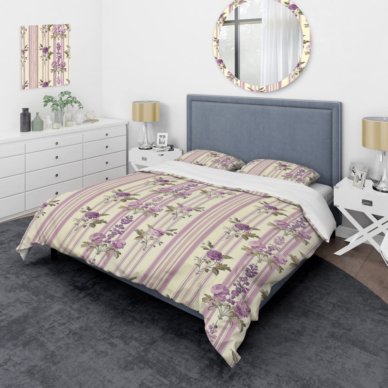 Lavender Pinstripe Blooms - Ensemble de housse de couette transitionnel, Housse de couette très grand et 2 très grandes t