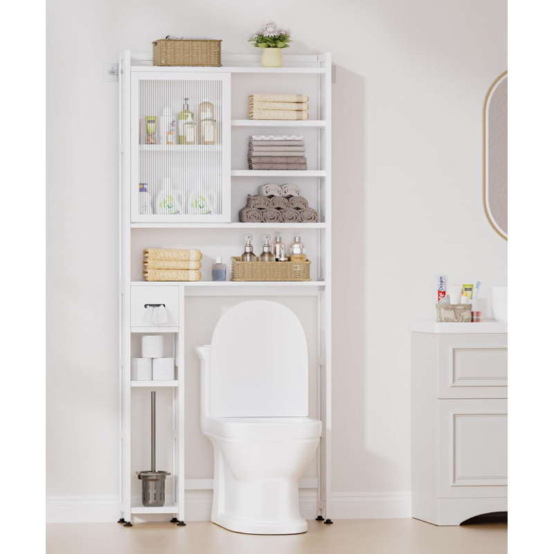 Over The Toilet Storage Cabinet With Acrylic Door Panel And Paper Towel Drawer, Bamboo Toilet Shelf, Organizer Rack Above Toilet For Bathroom (Without Power Strip)