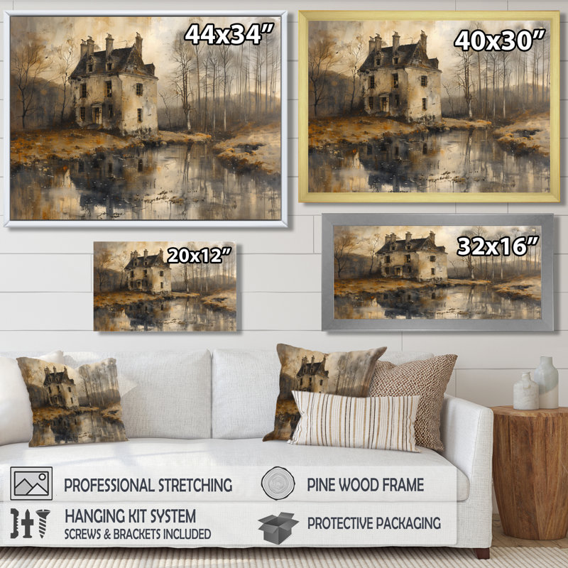Décoration murale grise noire rustique près du lac II - Châteaux, Toile avec cadre flottant noir, H 16 po x l 32 po x P 1 po