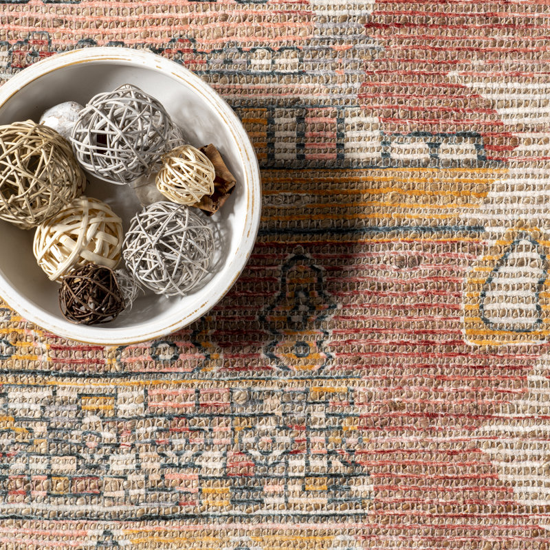 Tapis rouille / crème / rose tissé à la main à motif de glands Riser Southwestern, Rond 6 pi