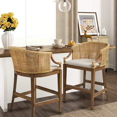 Tabouret de comptoir de 25 po de hauteur avec assise rembourrée et structure stable fabriquée à la main de style naturel, assise recouverte de tissu de lin, structure en bois massif, ornement en bronze antique