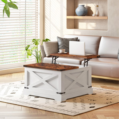 Table basse, table de salle à manger multifonctionnelle, table basse à plateau relevable, table centrale carrée en bois avec compartiments cachés pour le salon, 31,5 po x 31,5 po, blanc rétro