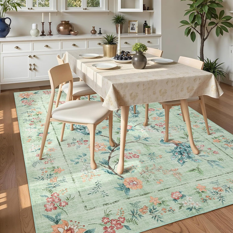 Tapis noir lavable - motif floral paon, antidérapant et résistant aux taches pour la chambre à coucher, la cuisine et la salle de bain