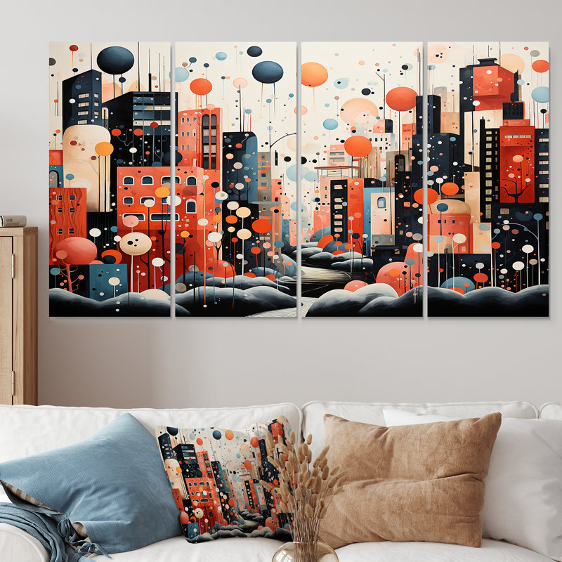 Art déco II - art mural urbain à bulles orange 4 pièces pour le salon, H 28 po x l 48 po