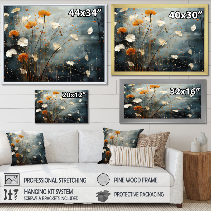 Coral Dandelion Floral Symphony III sur impression sur toile, H 16 po x l 32 po x P 1 po, Cadre photo argenté