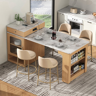 Îlot de cuisine 59,5 po avec table de salle à manger extensible K&K, table de rangement avec rangement double-face, îlot de cuisine avec 2 tiroirs, prise de courant, tablettes ouvertes sur le côté